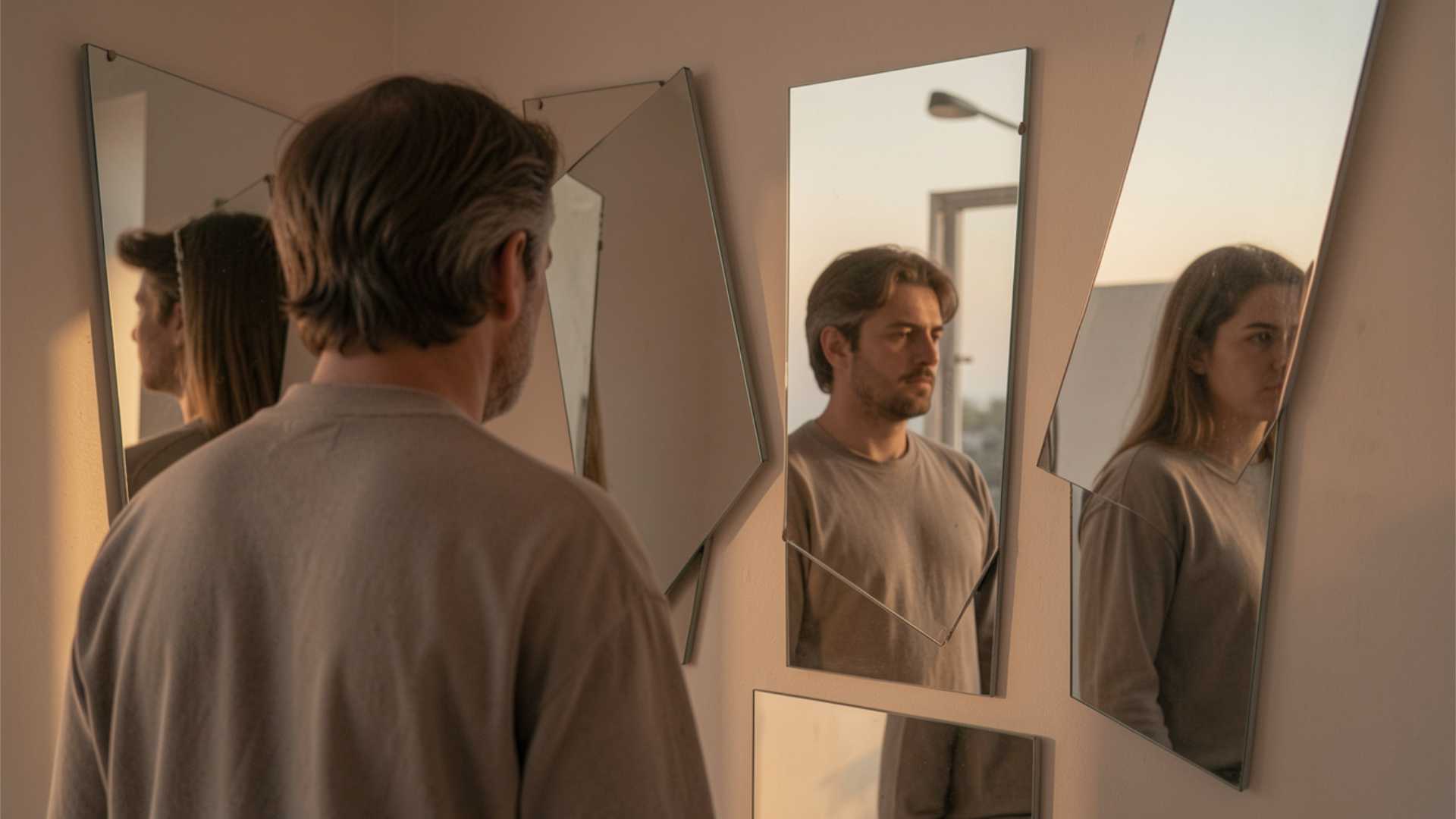 Persona reflexionando frente a espejos fragmentados que simbolizan patrones repetitivos en las relaciones afectivas